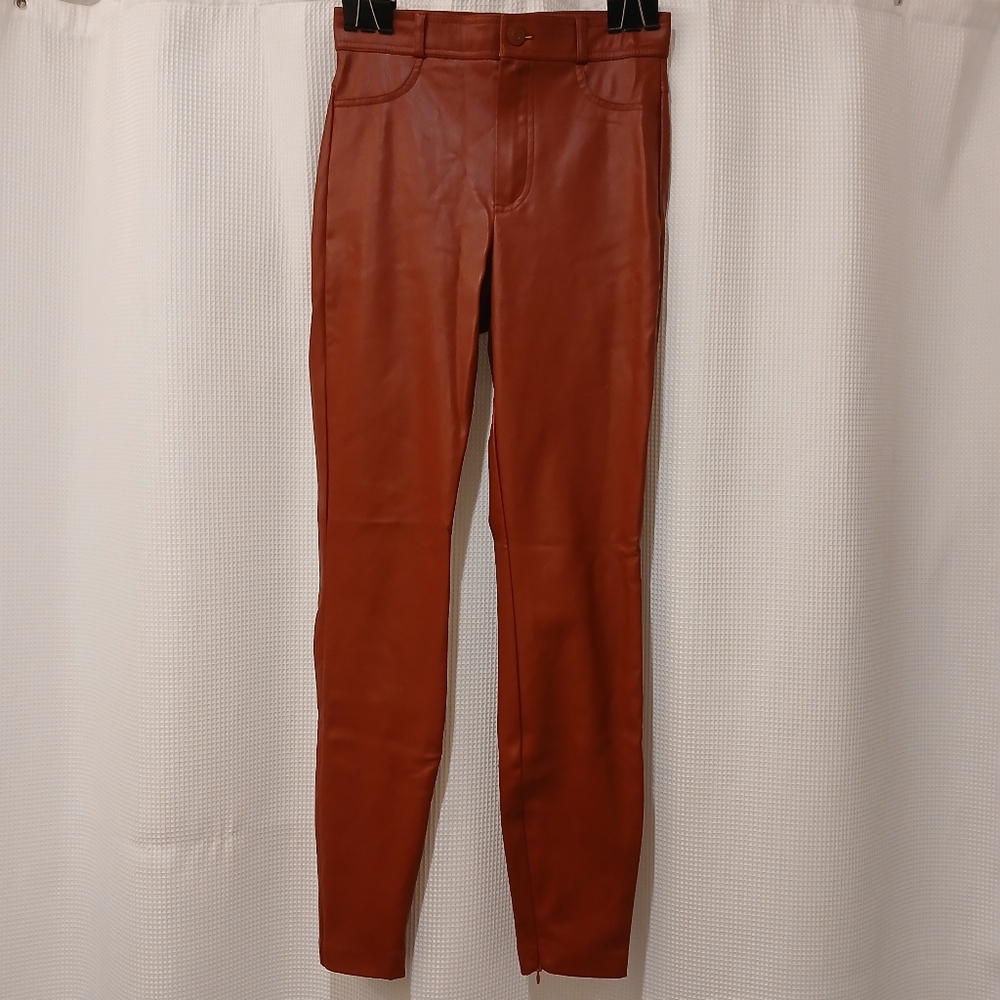 Zara High Rise Mito Ankle Zip Faux Leather Red/Maroon Leggings / Size Small